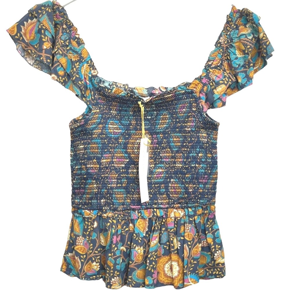 House of Harlow Floral‎ Smocked Top Women S Blue Multi Ruffle Peplum Boho
